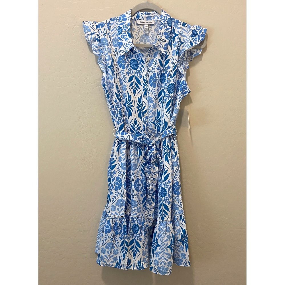NWT Ellen Tracy Blue Vintage Floral Fit & Flare Dress Cap Sleeve Button Front M - Picture 2 of 16